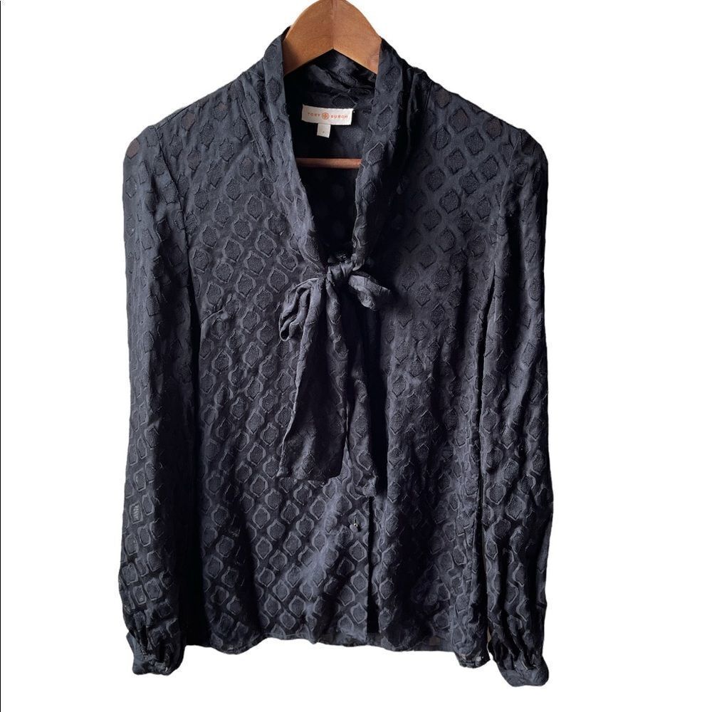 TORY Burch black sheer tie neck long sleeve button up blouse size 2